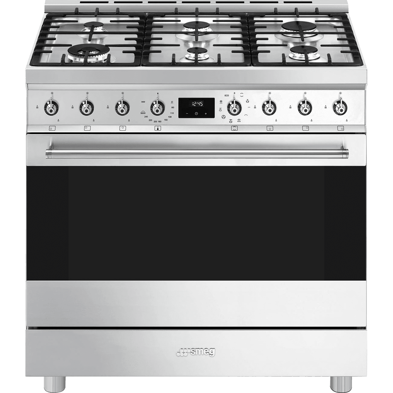 Плита SMEG/ Отдельностоящий варочный центр SMEG, 90х60 см, Classica, газовая варочная панель, 6 конфорок, электроподжиг, газ-контроль, электрическая духовка, объем 129 л, гриль, энергоэффективность А, цвет нержавеющая сталь