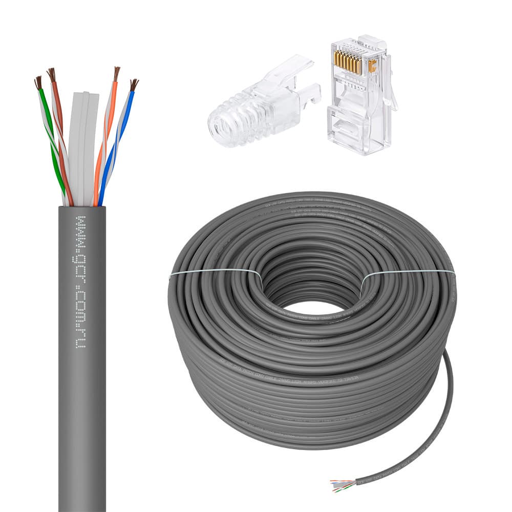 GCR PRO Кабель LAN DIY витая пара 100m в бухте, LSZH UTP кат.6А, CCA многопроволочный, серый + Коннектор RJ-45 8p8c сборный 50шт.