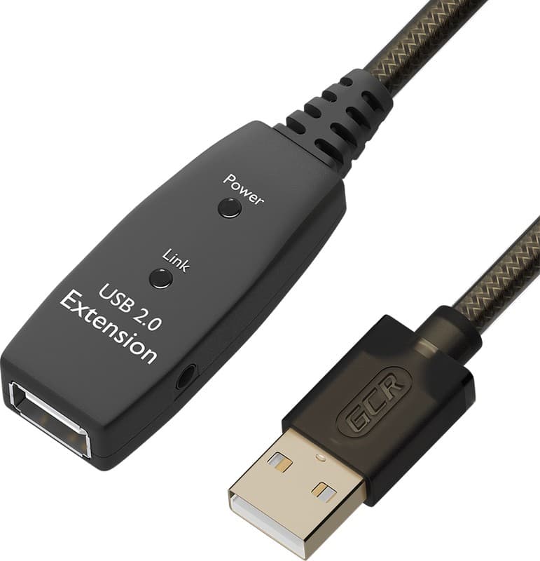 GCR PRO Удлинитель активный 5.0m USB 2.0, AM/AF, GOLD, черно-прозрачный, медь, с усилителем сигнала, разъём для доп.питания, 28/24 AWG