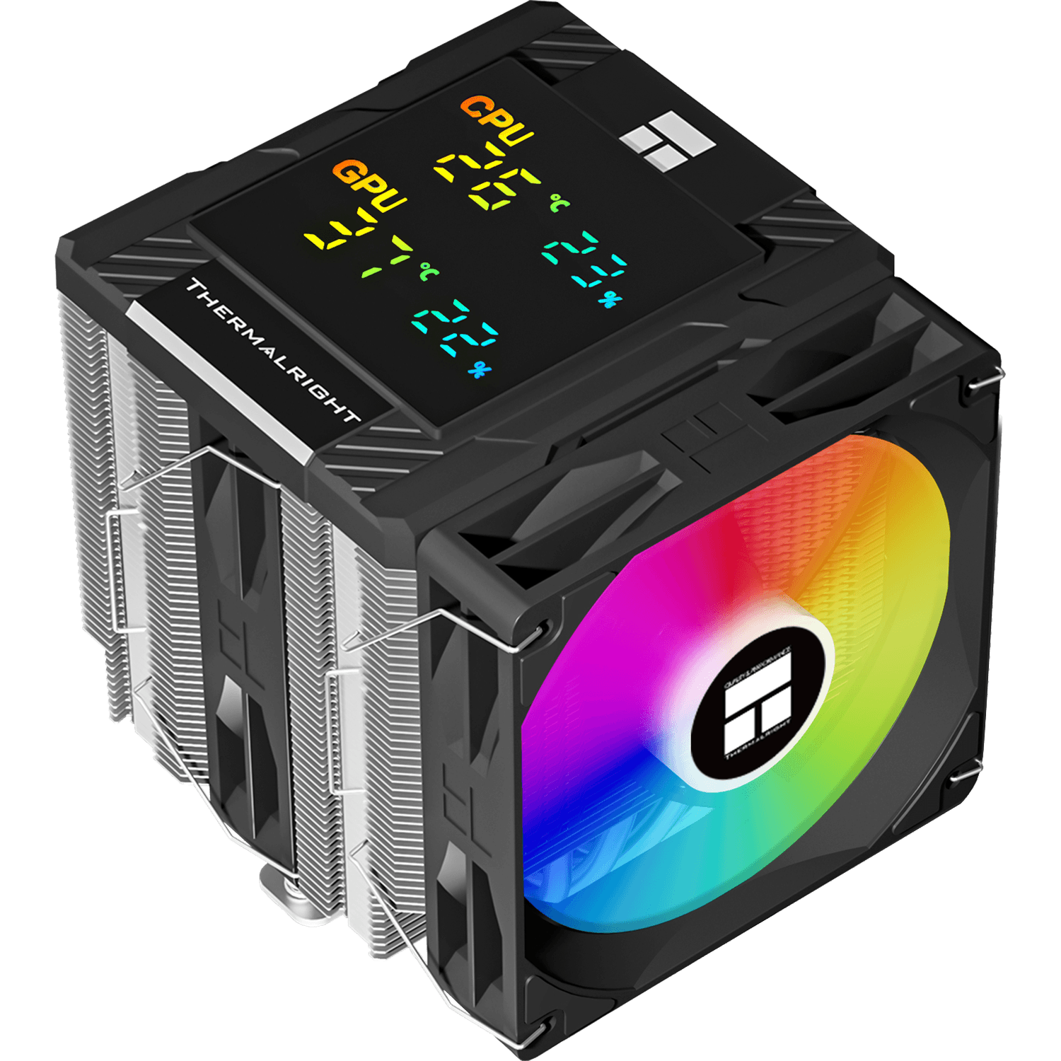 Кулер для процессора/ CPU Cooler Thermalright Peerless Assassin 120 Digital Black ARGB (4-pin PWM, LED temp., 162mm, Ni/Cu, 6x6mm, ARGB, 2x120mm, 88.89CFM, 25.6dBA, 1850RPM, S: 1851, 1700, 1200, 115X, AM5, AM4, black)