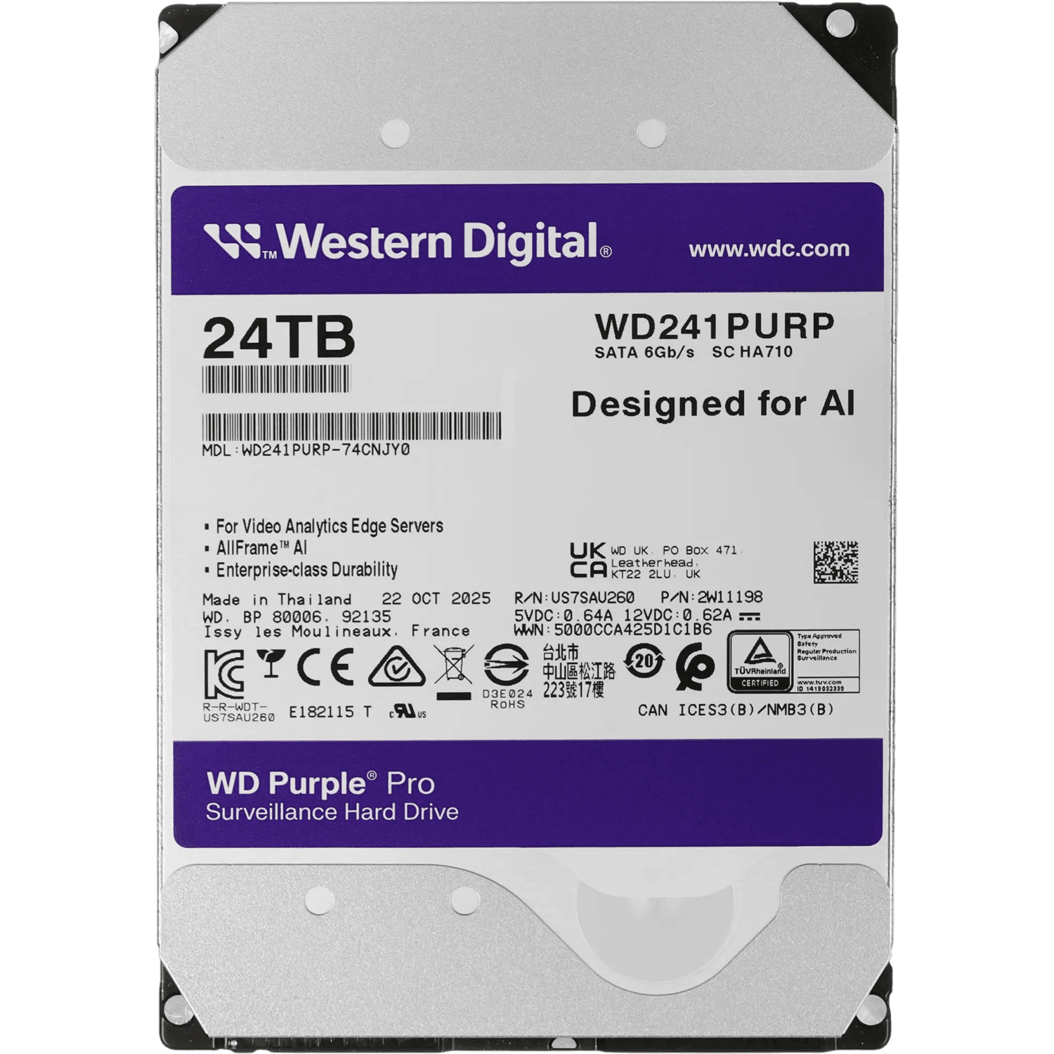 Жесткий диск WD SATA-III 24TB WD241PURP Surveillance Purple Pro (7200rpm) 512Mb 3.5"