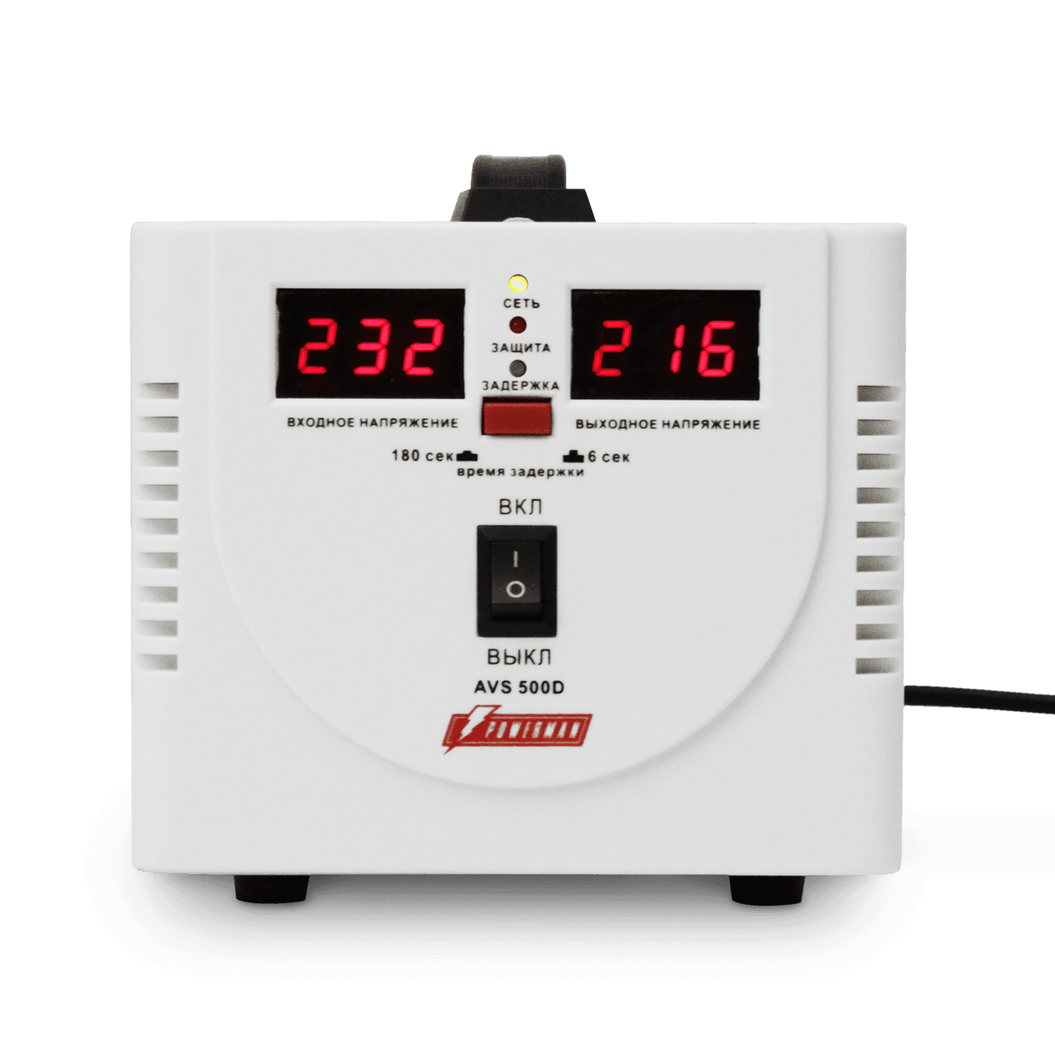 Стабилизатор POWERMAN AVS 500D, ступенчатый регулятор, цифровые индикаторы уровней напряжения, 500ВА, 140-260В, максимальный входной ток 5А, 2 евророзетки, IP-20, напольный, 200мм х 150мм х 140мм, 2,3 кг./ Stabilizer POWERMAN AVS 500D, step-type regulator, digital indicators of voltage levels, 500VA, 140-260V, maximum input current 5A, 2 eurosockets, IP-20, floor standing, 200mm x 150mm x 140mm, 2.3kg.