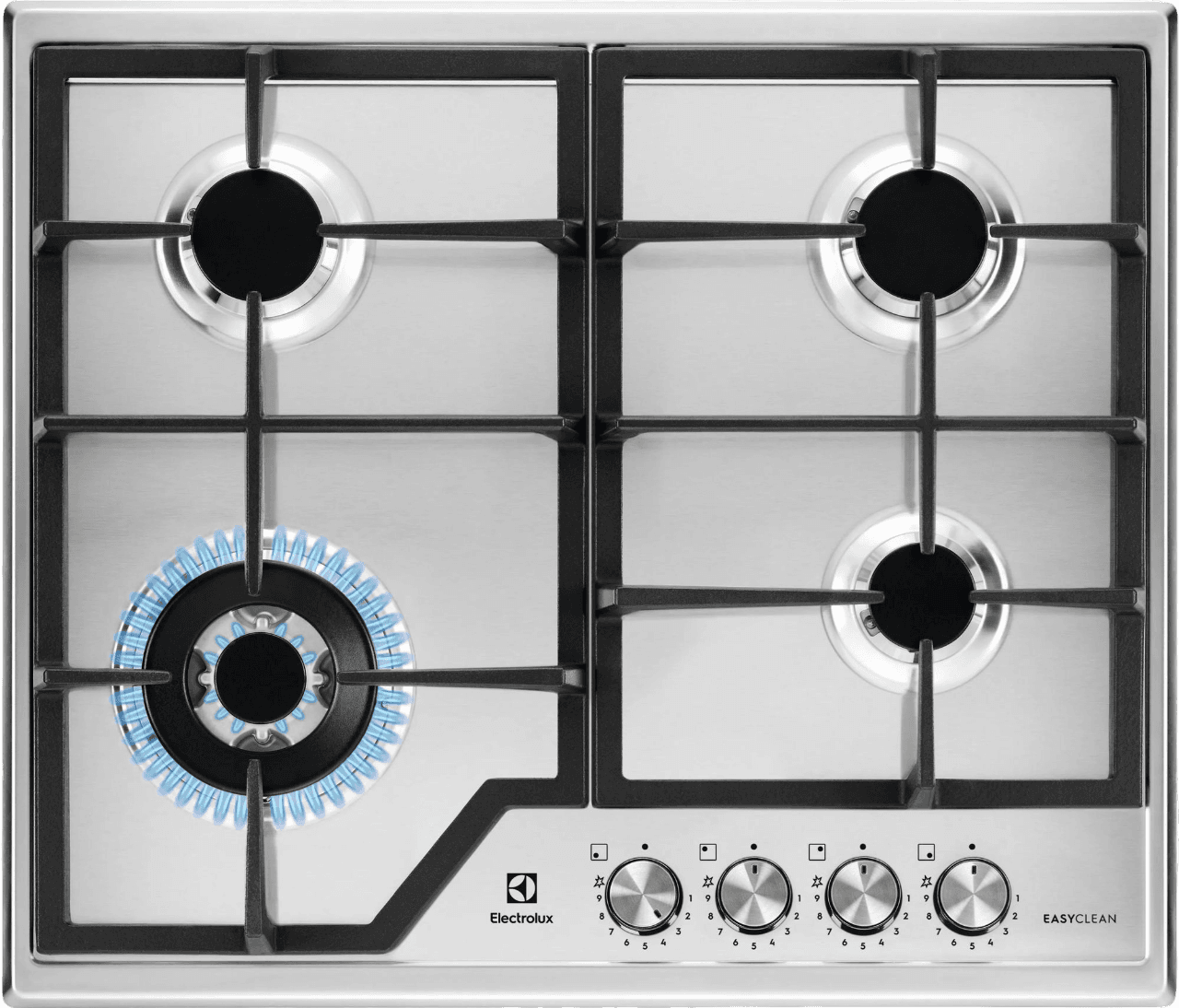 Встраиваемые газовые панели ELECTROLUX/ газовая на 4 конфорки, нержавеющая сталь, мощность: 8800 Вт, автоматический электроподжиг, газ-контроль, решетки: чугун, независимая установка, размеры (ШхГ): 59.5x51 см