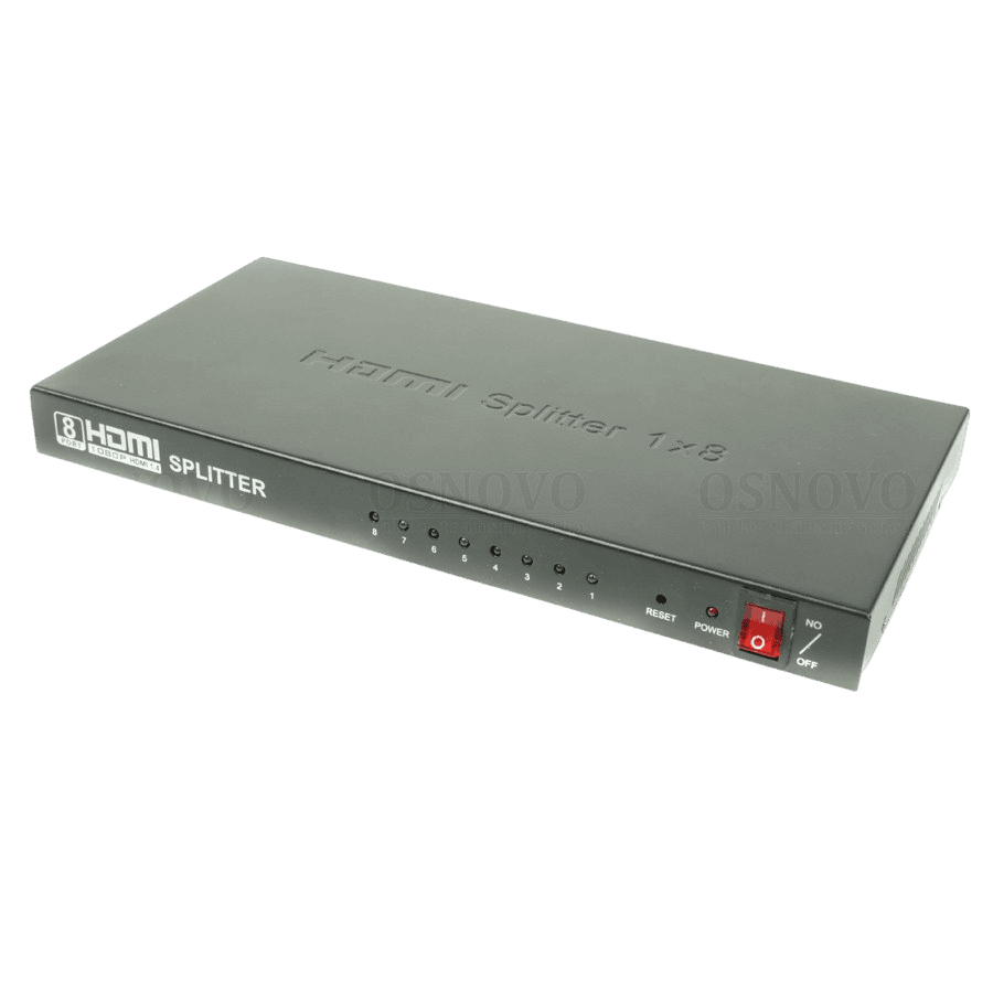 Osnovo - Разветвитель сигнала HDMI (1вх./8вых.). Максимальное разрешение 4K2K(30Гц). Поддержка 3D и HDCP. Скорость передачи данных до 10,2Гбит/с.Вх.- HDMI(A)/Роз.2,1х5мм(DC5V). Вых.- HDMI(A)x8. В комплекте БП DC5V(2А). Вес: 0,7кг. Размеры (ШxВxГ): 277x26x140мм. Рабочая температура -5…+55°С.
