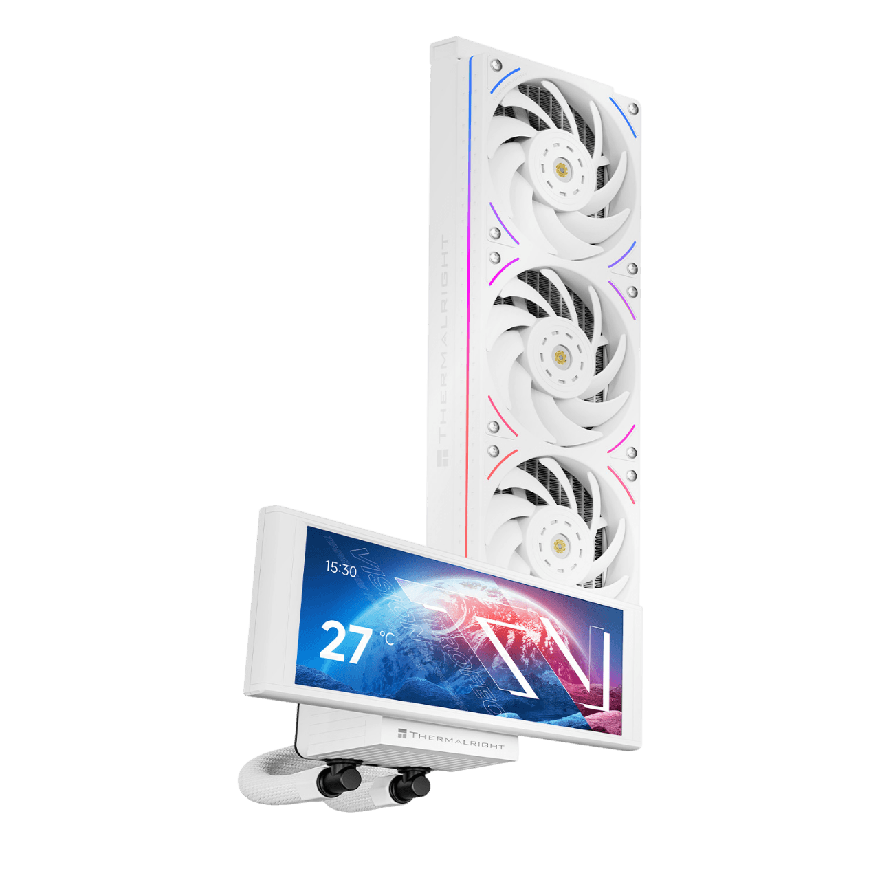Водяное охлаждение для процессора/ Water Cooling System Thermalright Trofeo Vision 360 (360mm, LED, White, ARGB/ Fans: 3x120mm, 69CFM, 27dBA, 2150RPM/ Pump height 102mm, 6400RPM, Rad thickness 27mm/ S: 1700, 1200, 1851, 115X, 2011, 2066, AM5, AM4)