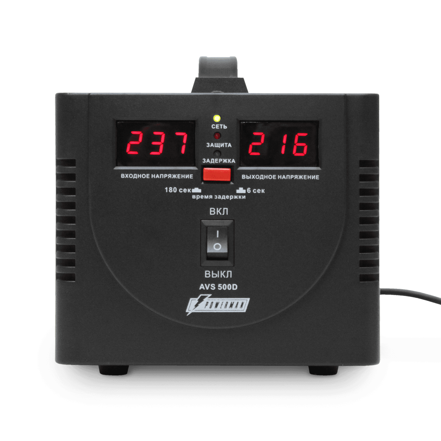 Стабилизатор POWERMAN AVS 500D, черный, ступенчатый регулятор, цифровые индикаторы уровней напряжения, 500ВА, 140-260В, максимальный входной ток 5А, 2 евророзетки, IP-20, напольный, 200мм х 150мм х 140мм, 2,3 кг./ Stabilizer POWERMAN AVS 500D, black, step-type regulator, digital indicators of voltage levels, 500VA, 140-260V, maximum input current 5A, 2 eurosockets, IP-20, floor standing, 200mm x 150mm x 140mm, 2.3kg.