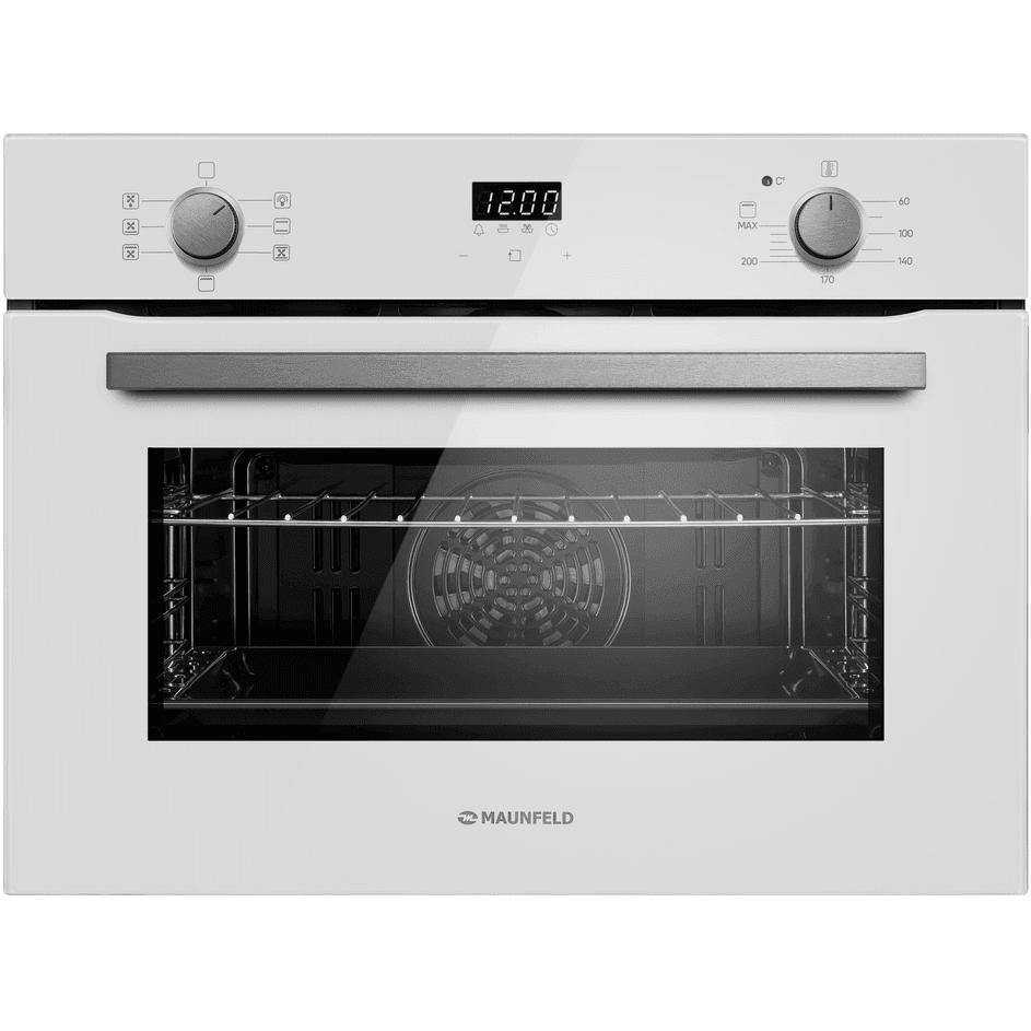Шкаф духовой электрический MAUNFELD/ Компактный духовой шкаф электрический MAUNFELD, 45.5х57.5х59.4 см, 6 режимов, гриль, полезный объем 53 л, утапливаемые переключатели, таймер, защита от детей, конвекция, дисплей, цвет белый, фурнитура нержавеющая сталь