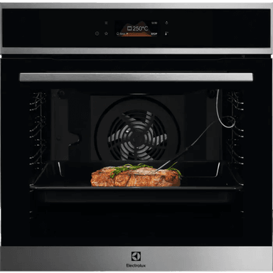 Встраиваемый духовой шкаф ELECTROLUX/ электрический с конвекцией, объем 72 л, 17 режимов, очистка паровая, 3 стекла в дверце, направляющие проволочные + телескопические (1 уровень),черное стекло и черный матовый,термозонд