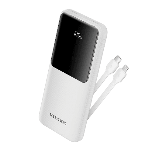 Power Bank Vention 10000mAh(Micro-USB/C/A/A) со встроенными кабелями 22.5W Белый с LED Дисплеем, шт.