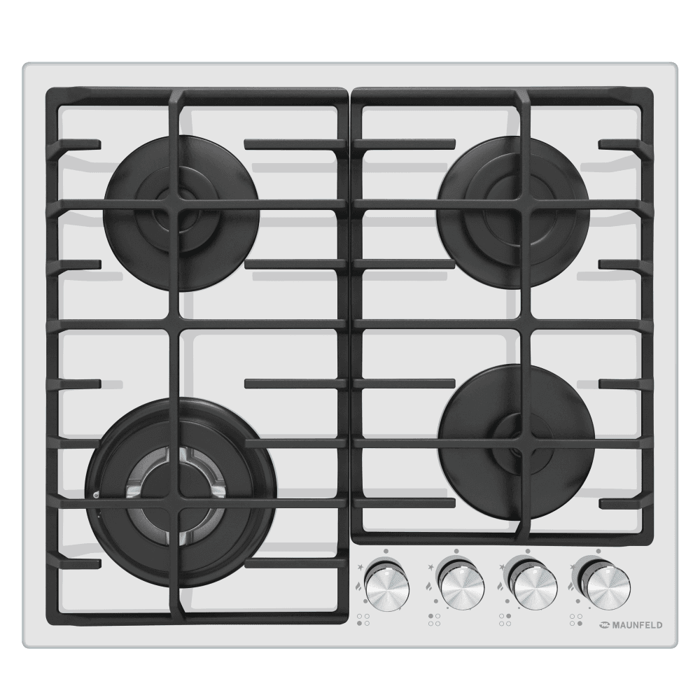 Встраиваемые газовые панели MAUNFELD/ Встраиваемая варочная панель, газ, газ на стекле, ширина 60 см, 4 конфорки, чугунные решетки, газ-контроль, электроподжиг, WOK, механическое управление, мощность конфорок 1000,1700,1700,3800, цвет белый