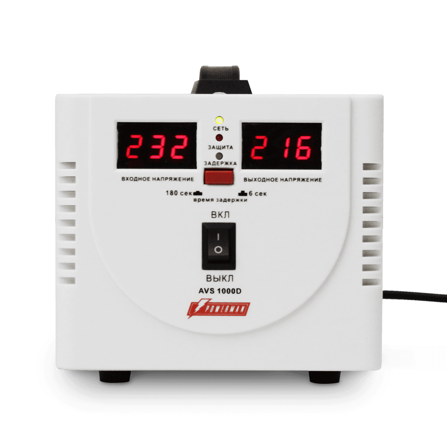 Стабилизатор POWERMAN AVS 1000D, ступенчатый регулятор, цифровые индикаторы уровней напряжения, 1000ВА, 140-260В, максимальный входной ток 7А, 2 евророзетки, IP-20, напольный, 200мм х 150мм х 140мм, 2,3 кг./ Stabilizer POWERMAN AVS 1000D, step-type regulator, digital indicators of voltage levels, 1000VA, 140-260V, maximum input current 7A, 2 eurosockets, IP-20, floor standing, 200mm x 150mm x 140mm, 2.3 kg.