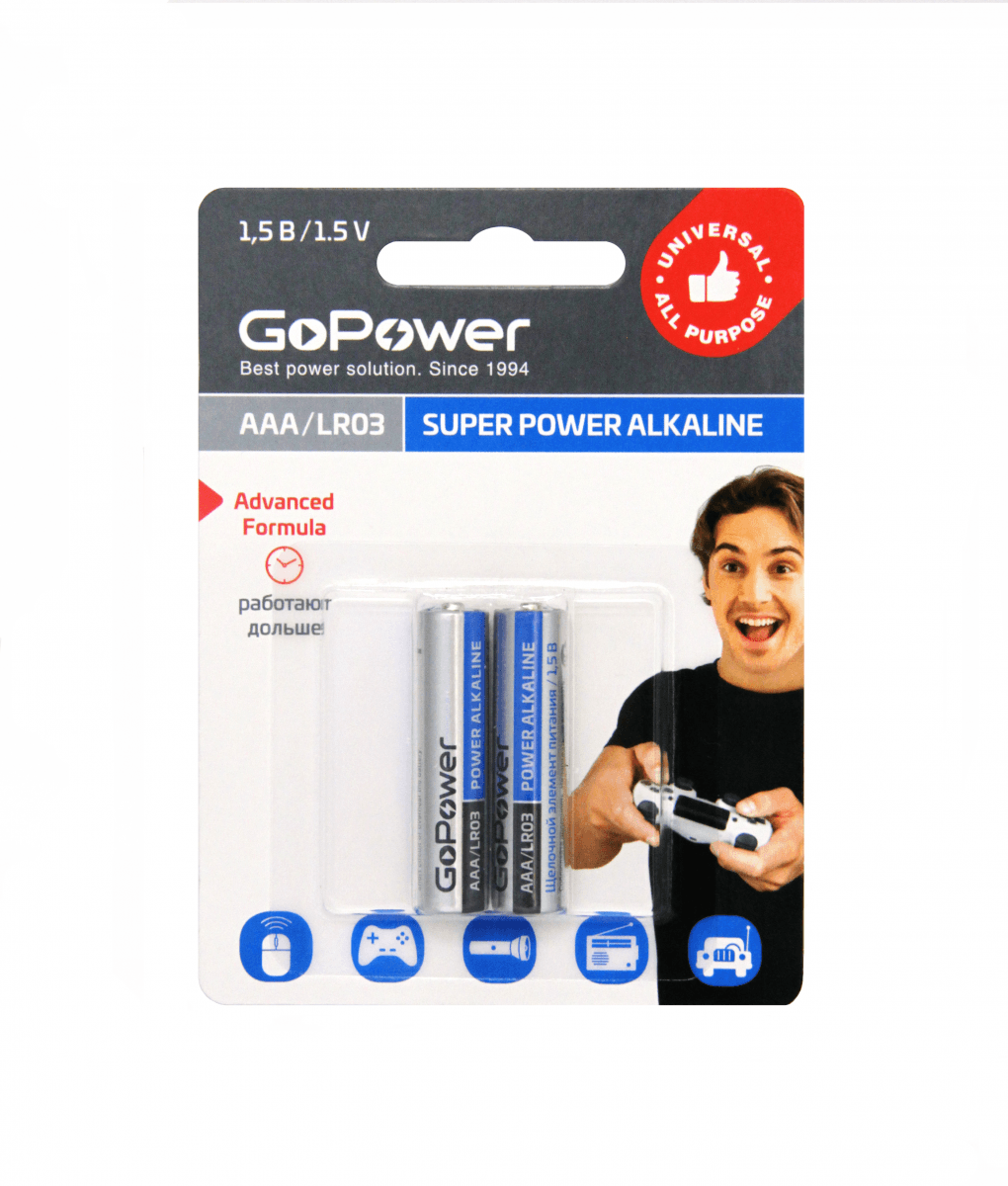 Батарейка AAA/ Батарейка GoPower LR03 AAA BL2 Alkaline 1.5V (2/24/480) блистер (2 шт.)