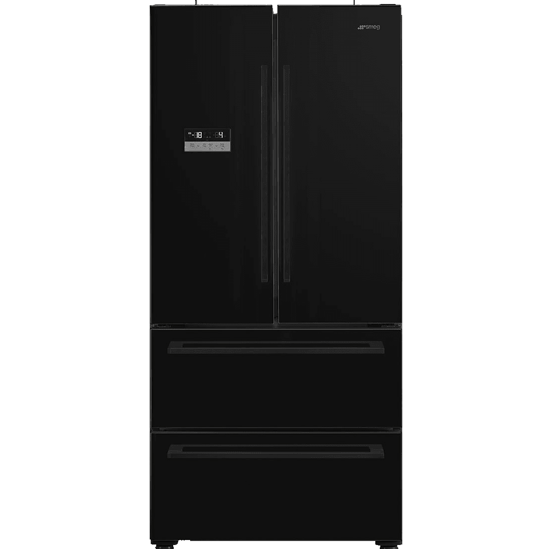 Холодильник SMEG/ Холодильник SMEG, отдельностоящий, 2 двери 2 ящика, LED дисплей, полный NoFrost, сигнал открытой дверцы, антибактериальное покрытие, электронный контроль температуры, инверторный компрессор, объем 539 л, быстрая заморозка, быстрое охлаждение, блокировка управления, энергоэффективность Е, цвет черный