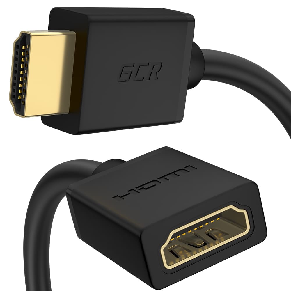 GCR PRO Удлинитель 10.0m HDMI-HDMI v2.0, M/F, поддержка 4K 60Hz, Full HD, HDR, 18 Гбит/c, черный, 24K GOLD, 2 X экран, армирование