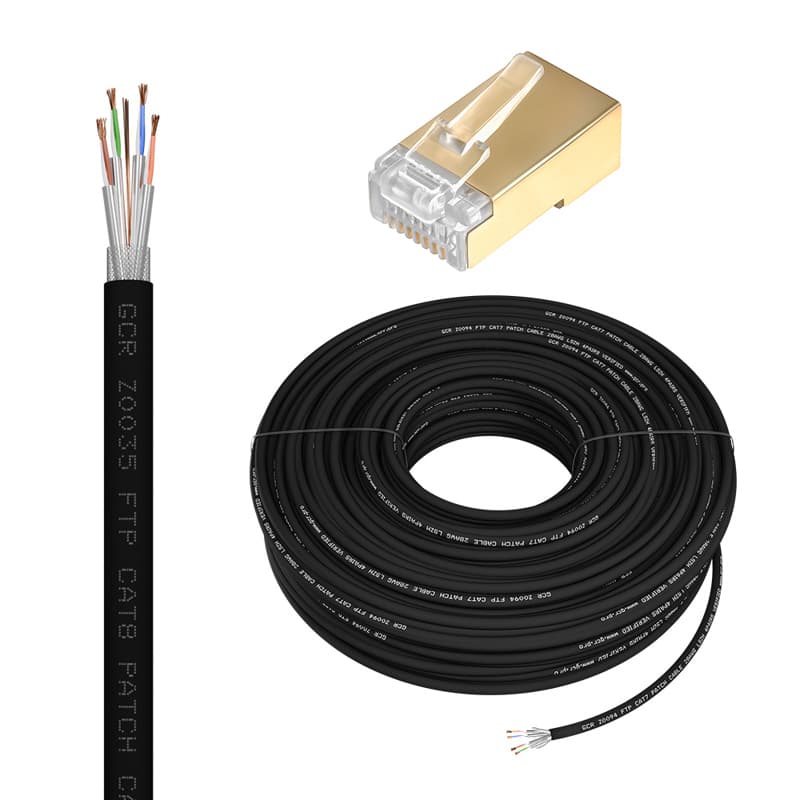 GCR PRO Кабель LAN DIY витая пара 100m в бухте, LSZH S/FTP кат.8, медь, многопроволочный, черный + экранированные коннекторы RJ-45 8p8c 50шт.