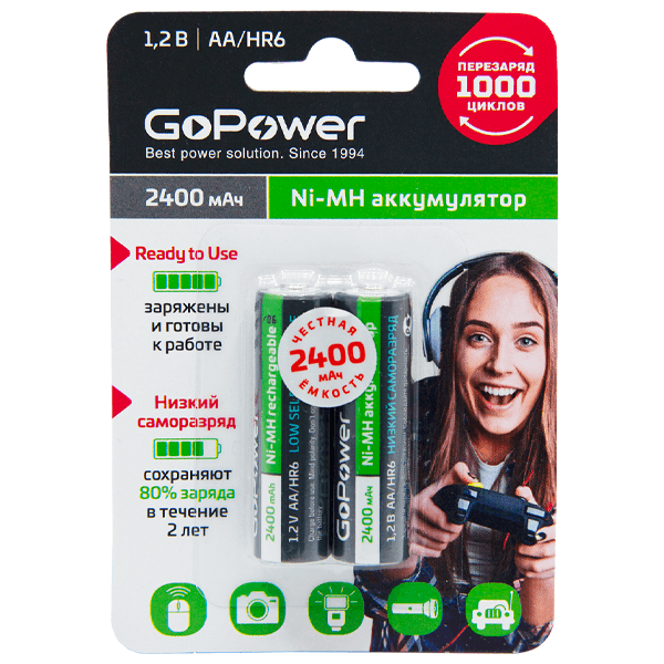 Аккумулятор предзаряженный RTU GoPower HR6 AA BL2 NI-MH 2400mAh (2/20/240) блистер (2 шт.)