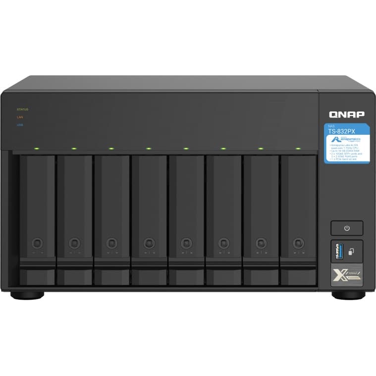 Сетевое хранилище без дисков/ SMB QNAP TS-832PX-4G 8-Bay NAS, AL324 64-bit quad-core 1.7GHz, 4GB DDR4 SODIMM RAM (up to 1x16 GB), 8 x 3.5"/ 2.5" drive slots, 2 x 10GbE SFP+ LAN, 2 x 2.5 GbE LAN, 3 x USB 3.2, PCIe slot Gen.2 x 2, 3xUSB 3.2