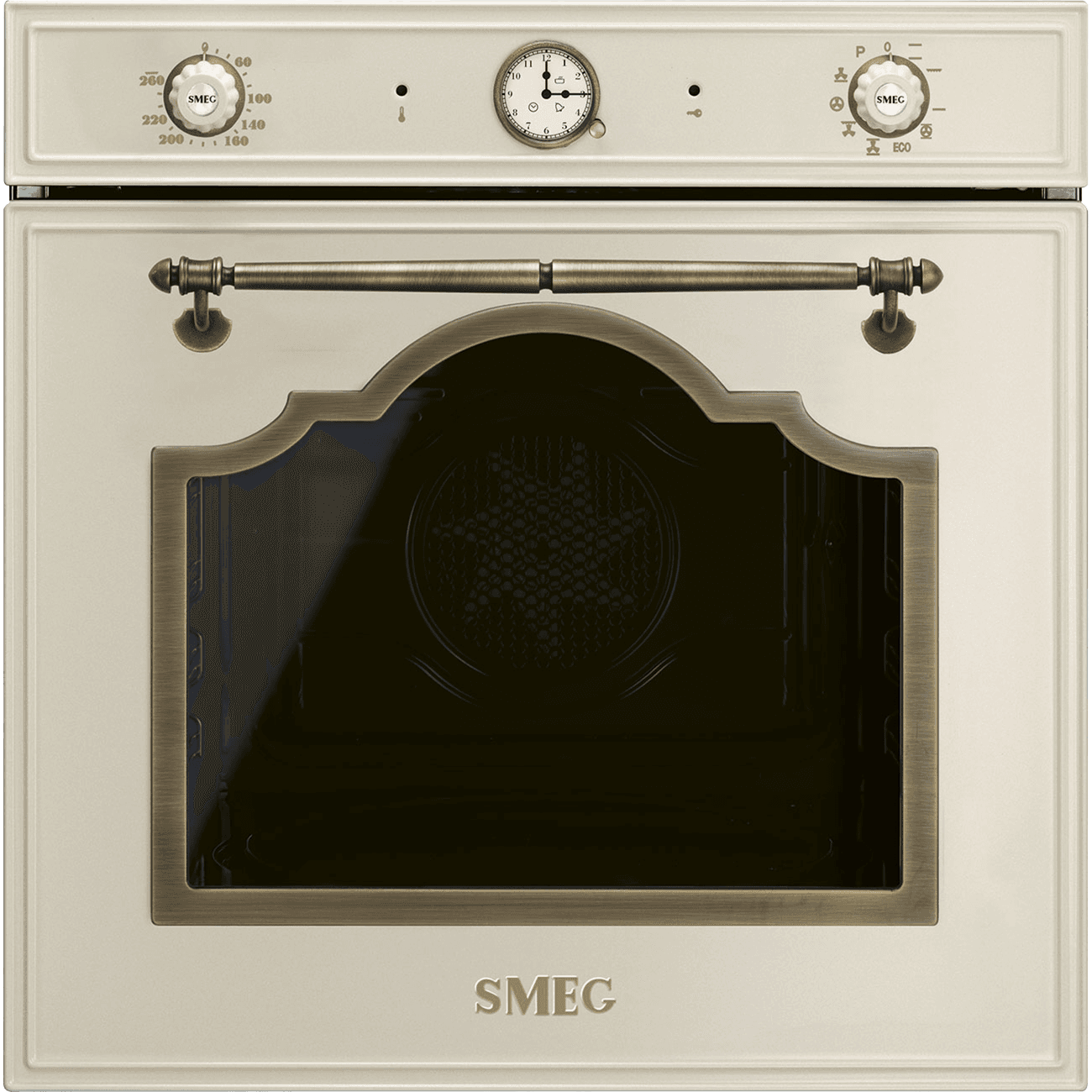 Встраиваемый духовой шкаф SMEG/ Встраиваемый духовой шкаф SMEG, 60 см, Cortina, 50-260 градусов, часы/таймер, галогенная подсветка, 9 режимов, поворотные переключатели Cortina, пиролиз, автоматическое отключение, петли Soft Close, полезный объем 65 л, цвет крем/латунь