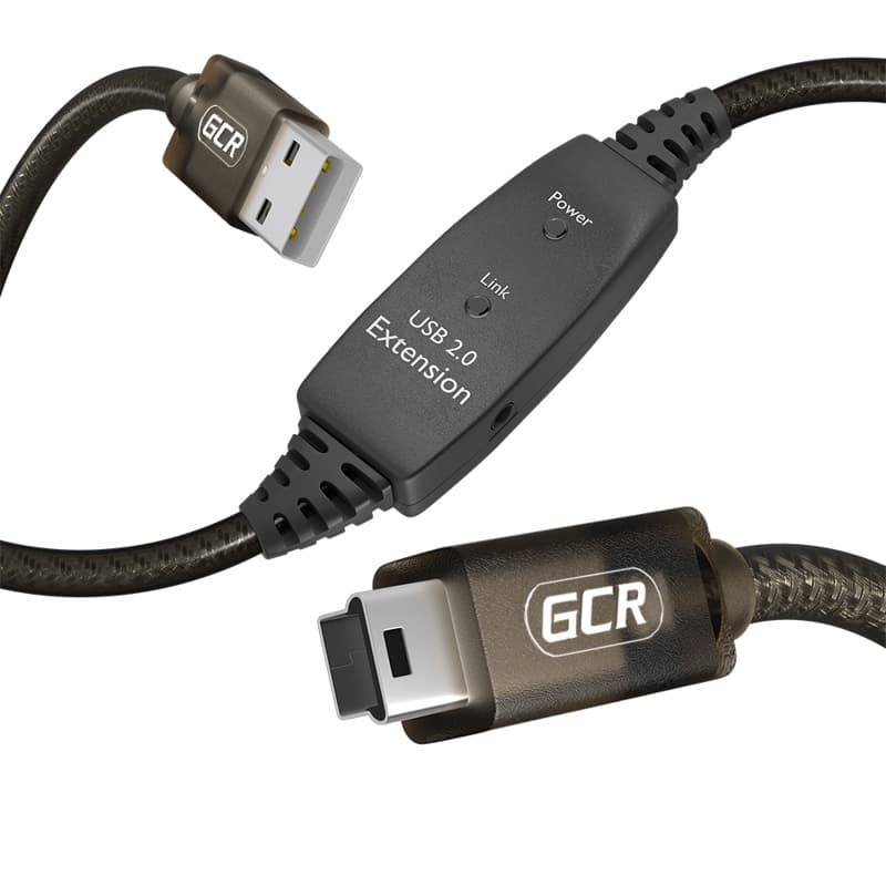 GCR PRO Кабель активный 15.0m USB 2.0, AM/mini 5P, черно-прозрачный, медь, с усилителем сигнала, разъём для доп.питания, 28/24 AWG