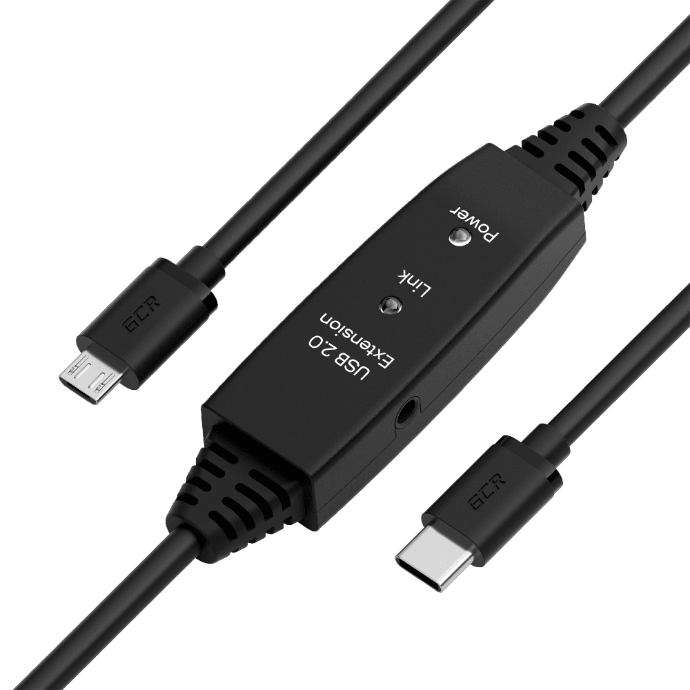 GCR PRO Кабель активный 5.0m Type-C / MicroB USB 2.0, медь, с усилителем сигнала, разъём для доп.питания, черный, 28/24 AWG