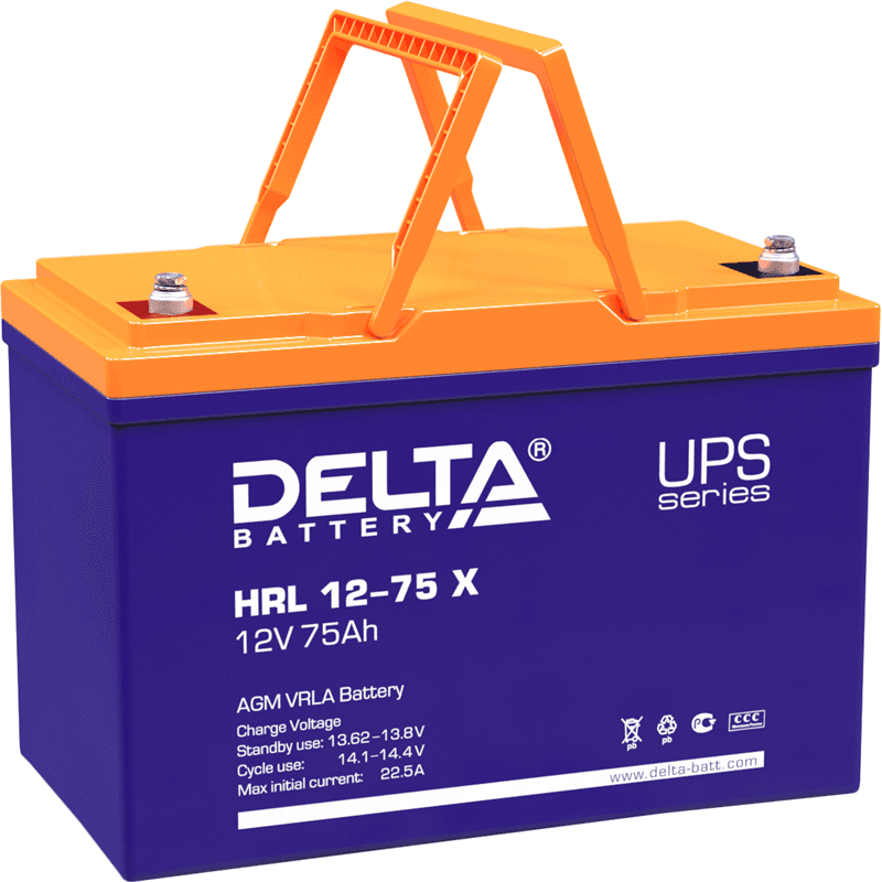 Батарея DELTA серия HRL-X, HRL 12-75 X, напряжение 12В, емкость 75Ач (разряд 10 часов), макс. ток разряда (5 сек.) 700А, макс. ток заряда 22.5А, свинцово-кислотная типа AGM, клеммы под болт М6, ДxШxВ 258х166х210мм., вес 23.8кг., срок службы 12 лет./ Battery DELTA series HRL-X, HRL 12-75 X, voltage 12V, capacity 75Ah (discharge 10 hours), max. discharge current (5 sec.) 700A, max. charge current 22.5A, lead-acid type AGM, bolt terminals M6, LxWxH 258x166x210mm., weight 23.8kg., service life 12 y