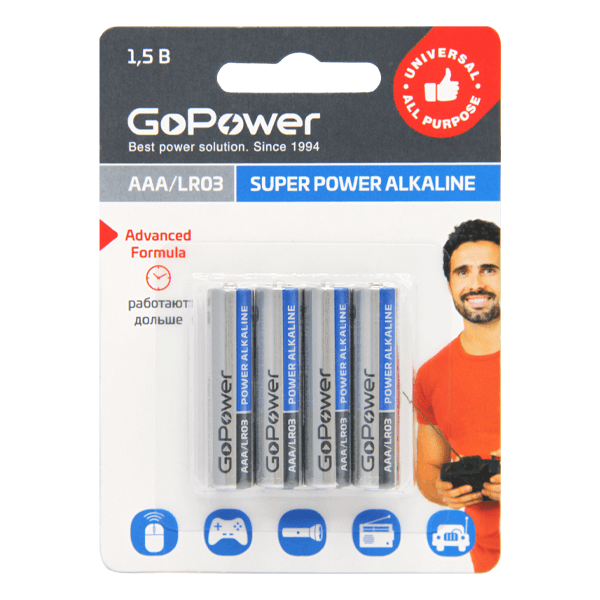 Батарейка AAA/ Батарейка GoPower LR03 AAA BL4 Alkaline 1.5V (4/48/576) блистер (4 шт.)