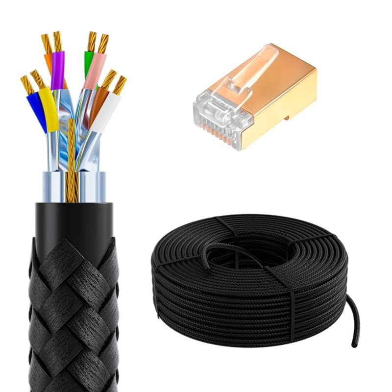 GCR PRO Кабель LAN DIY витая пара 50m в бухте, F/FTP кат.7, медь, многопроволочный, в оплетке текстиль, черный + экран. коннекторы RJ-45 8p8c 20шт.