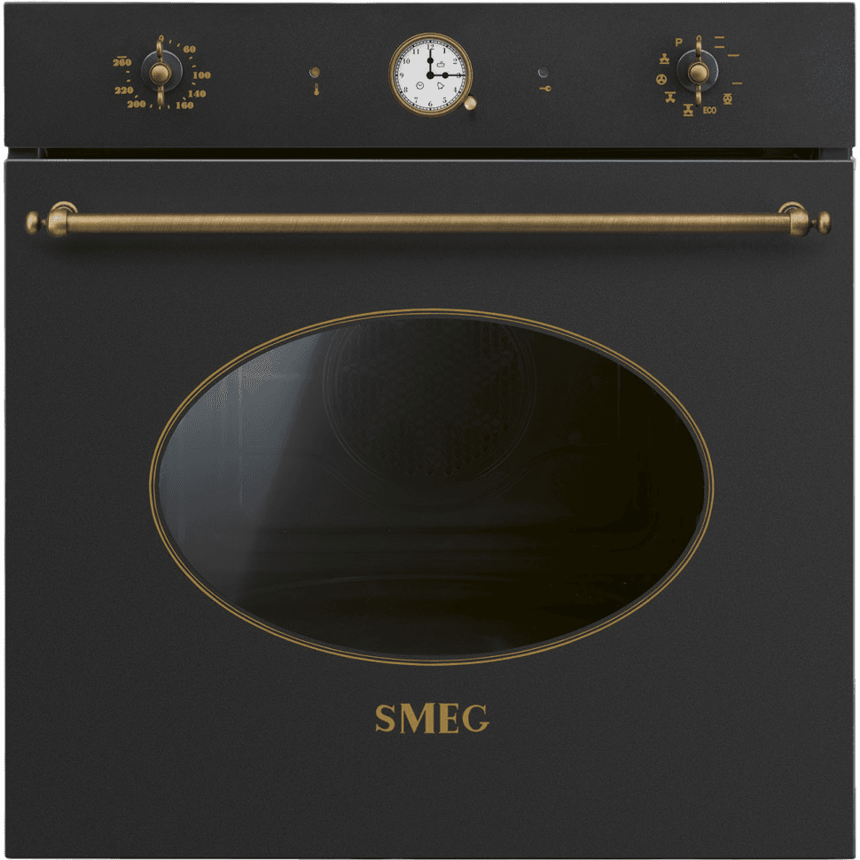 Встраиваемый духовой шкаф SMEG/ Встраиваемый духовой шкаф SMEG, 60 см, Coloniale, 50-260 градусов, часы/таймер, галогенная подсветка, 9 режимов, поворотные переключатели Coloniale, пиролиз, автоматическое отключение, петли Soft Close, полезный объем 65 л, цвет антрацит/латунь