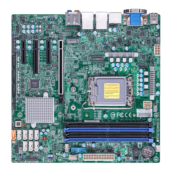 Материнская плата/ MB Supermicro X13SAQ (Micro-ATX, 1x LGA-1700, Q670E, 4x Up to 128GB non-ECC DDR5 UDIMM, 8x SATA ports, 1x PCIe 5.0 x16 slot, 1x PCIe 4.0 x4 (in x8) slot, 1x PCIe 3.0 x4 slot, 1x PCIe 3.0 x2 (in x4) slot, 1x PCIe 4.0 x4 SlimSAS slot, 1x M.2 PCIe 4.0 x4 NVMe (2280), 2x LAN with Intel® Ethernet i225LM)