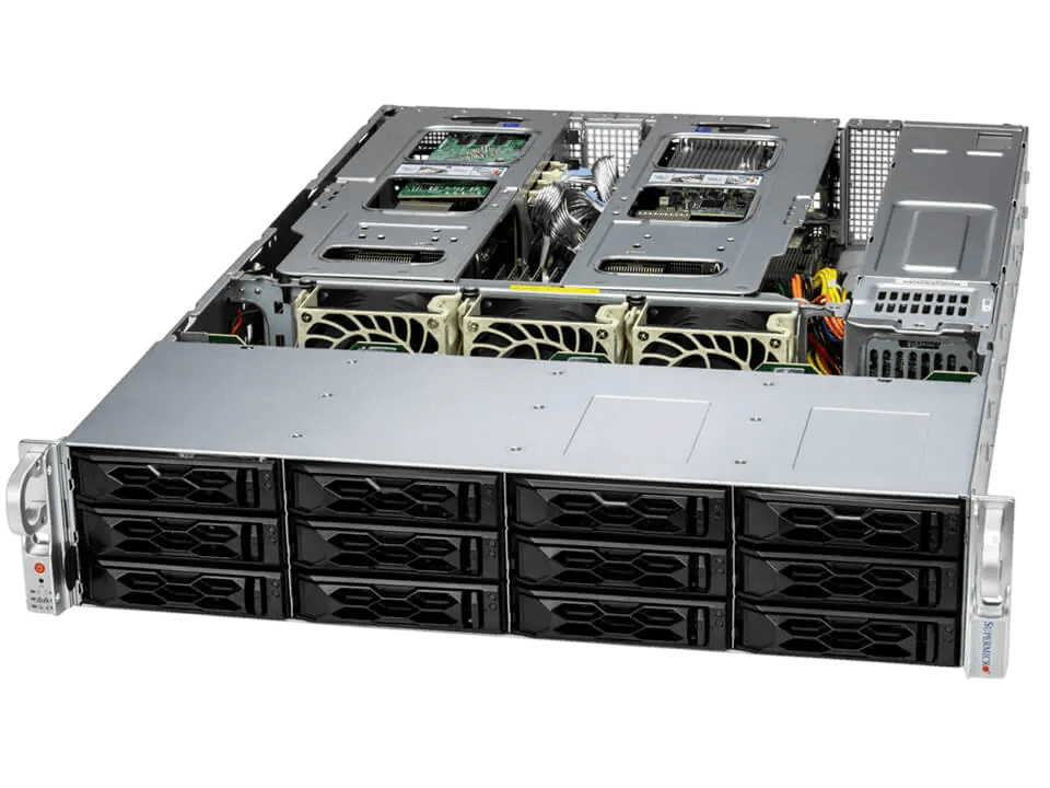 Серверная платформа Supermicro SYS-621C-TN12R (bundle10): 2U / 2x LGA-4677 / 16x DDR5 RDIMM / 12x 3.5/2.5 NVMe/SATA/SAS / 2x PCIe 5.0 x16 FHHL / 4x PCIe 5.0 x8 FHHL / 2x PCIe 5.0 x4 NVMe M.2 / 1x 2-Port 1GbE RJ45 / TPM / 2x 1200W Power (12 SATA config, GPU support)