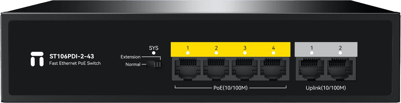 Коммутатор/ Неуправляемый PoE коммутатор Fast Ethernet netis ST106PDI-2-43 , 4 порта 100 Мбит/с PoE+ , 2 порта 100 Мбит/с RJ45 Uplink