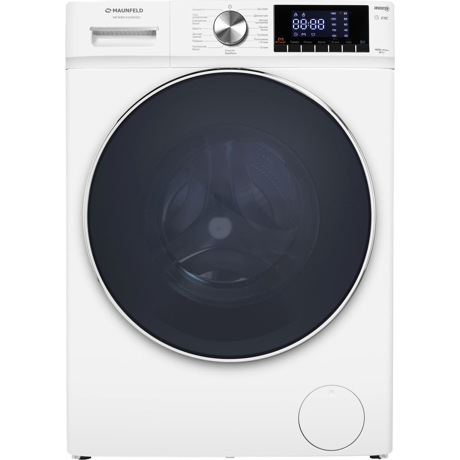 Стиральная машина Maunfeld/ Стиральная машина c инвертором MAUNFELD MFWM1410WH02, узкая, фронтальная, 84.7х50х60 см, загрузка 10 кг, 1400 об.мин, 15 режимов, электронное управление, защита от детей, дисплей, отсрочка старта, индикация этапов, энергоэффективность А+++, цвет белый