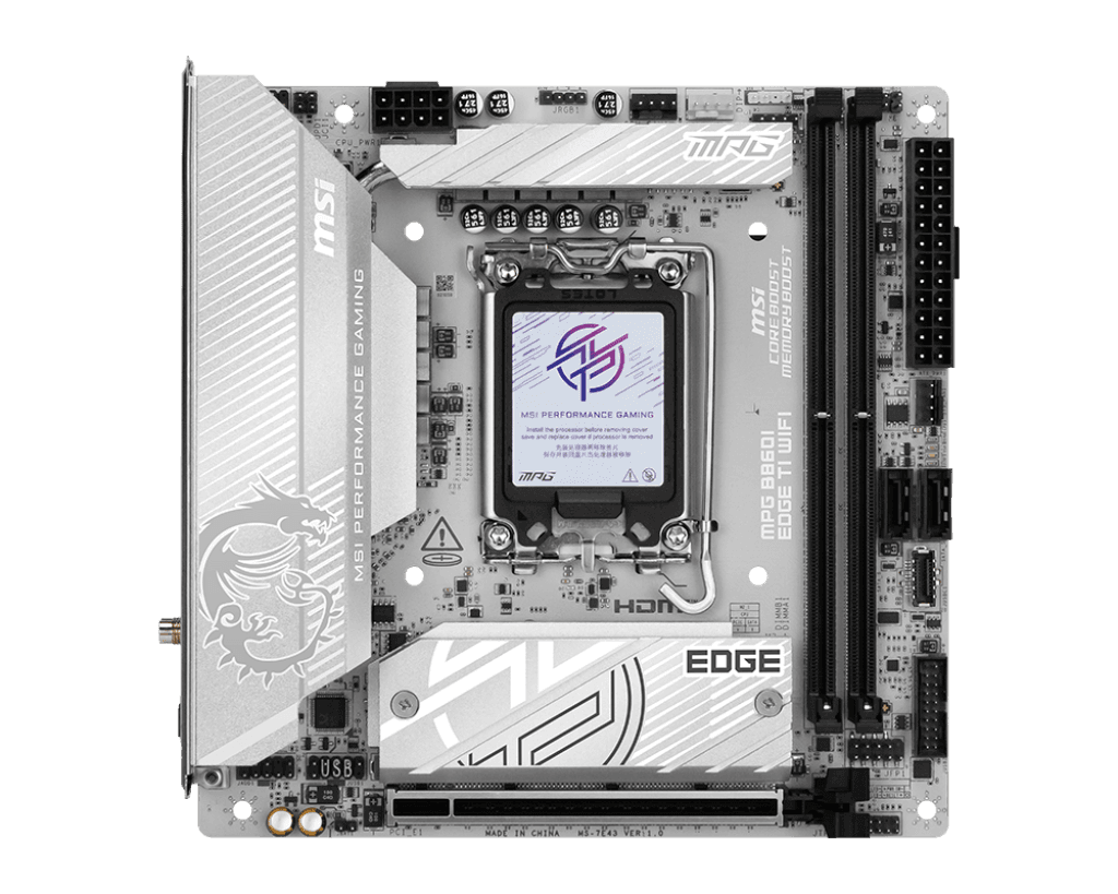 Материнская плата MSI MPG B860I EDGE TI WIFI, LGA 1851, Intel B860, 2xDDR5 (до 128 ГБ), 2xSATA, 2xM.2 (1xPCIe 5.0, 1xPCIe 4.0/SATA), 1xPCIe 5.0 x16, 1xHDMI, 1x5Gb LAN, Wi-Fi 7, Bluetooth 5.4, 1xUSB-C 40Gbps (Thunderbolt 4), 1xUSB-C 10Gbps, 1xUSB-A 10Gbps, 4xUSB-A 5Gbps, 2xUSB-A 2.0, 3x3.5 мм + S/PDIF оптический, 7.1, белый/серебристый, Mini-ITX