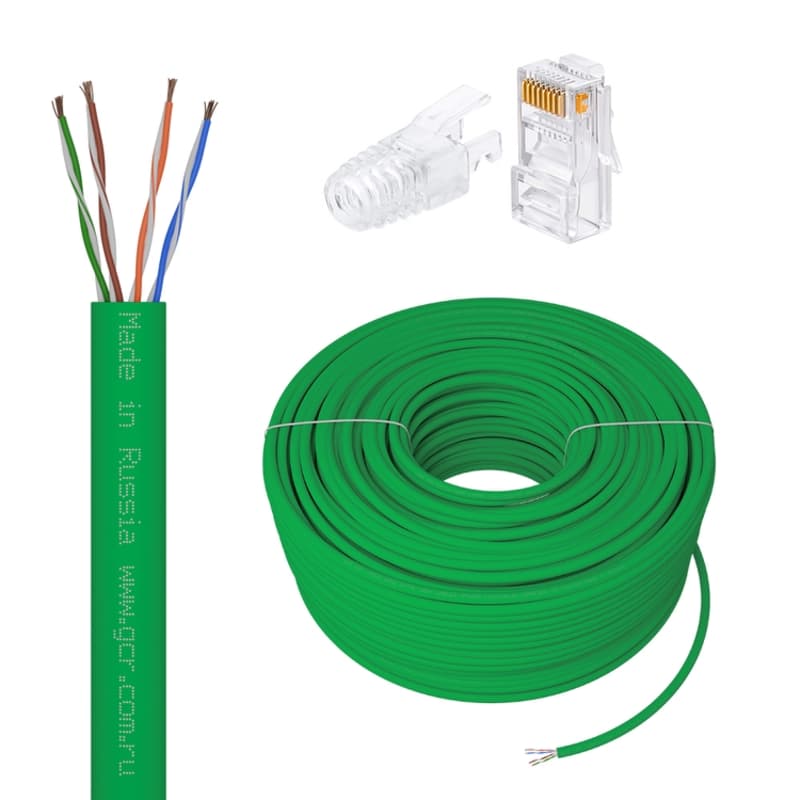 GCR PRO Кабель LAN DIY витая пара 50m в бухте, LSZH UTP кат.5e, CCA многопроволочный, зеленый + Коннектор RJ-45 8p8c сборный 20шт., GCR-57401