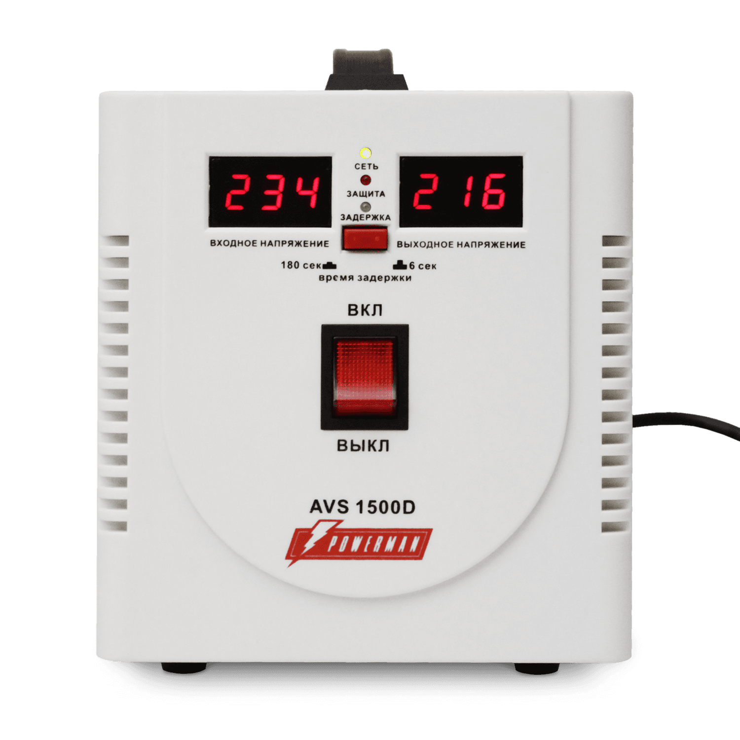 Стабилизатор POWERMAN AVS 1500D, ступенчатый регулятор, цифровые индикаторы уровней напряжения, 1500ВА, 140-260В, максимальный входной ток 10А, 2 евророзетки, IP-20, напольный, 200мм х 160мм х 190мм, 4 кг./ Stabilizer POWERMAN AVS 1500D, step-type regulator, digital indicators of voltage levels, 1500VA, 140-260V, maximum input current 10A, 2 eurosockets, IP-20, floor standing, 200mm x 160mm x 190mm, 4kg.