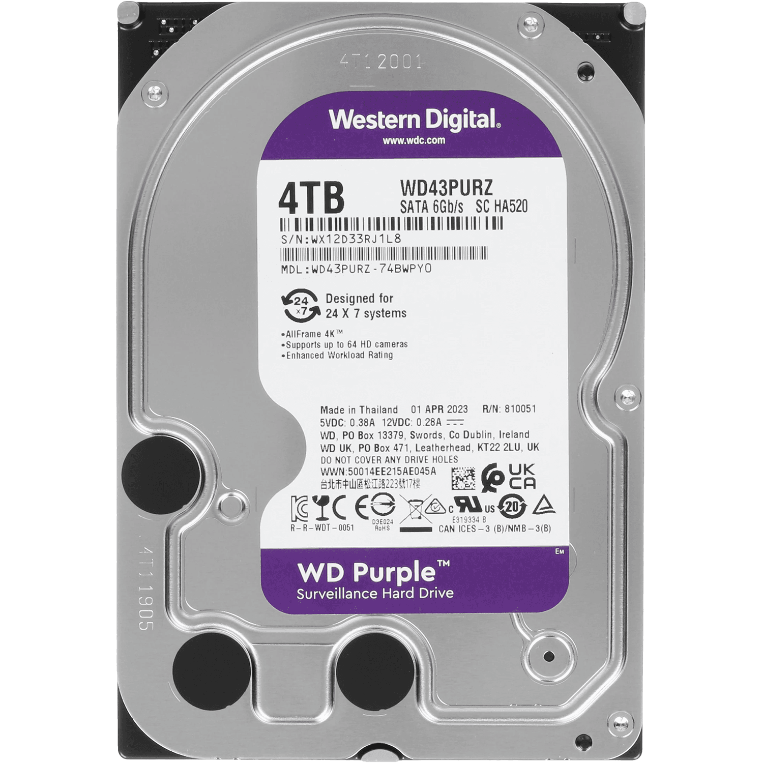 Жесткий диск/ HDD WD SATA3 4TB Purple Surveillancer 5400 RPM 256Mb 1 year warranty