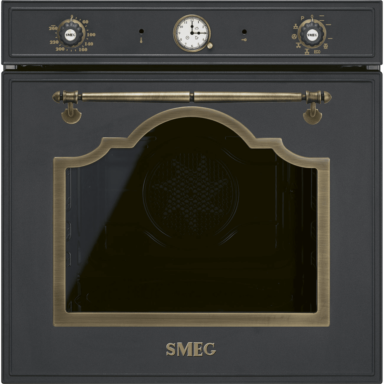 Встраиваемый духовой шкаф SMEG/ Встраиваемый духовой шкаф SMEG, 60 см, Cortina, 50-260 градусов, часы/таймер, галогенная подсветка, 9 режимов, поворотные переключатели Cortina, пиролиз, автоматическое отключение, петли Soft Close, полезный объем 65 л, цвет антрацит/латунь