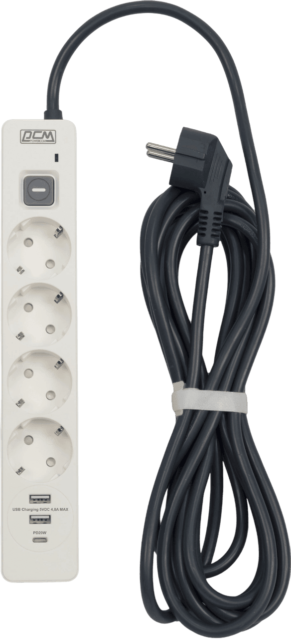 Сетевой фильтр-удлинитель/ PowerCom SP-01 USB2A1CW 3.0M, 4 розетки, белый, 16А, 4кВт, 380Дж, защитные шторки, защита от КЗ, перегрузки, ВЧ и импульсных помех, один порт USB-C(PD20W) и два USB-A(QC3.0) суммарной мощностью 24Вт, кабель 3x1.5 мм2, ШхГхВ 281х48х40.3 мм, вес 0.55 кг.