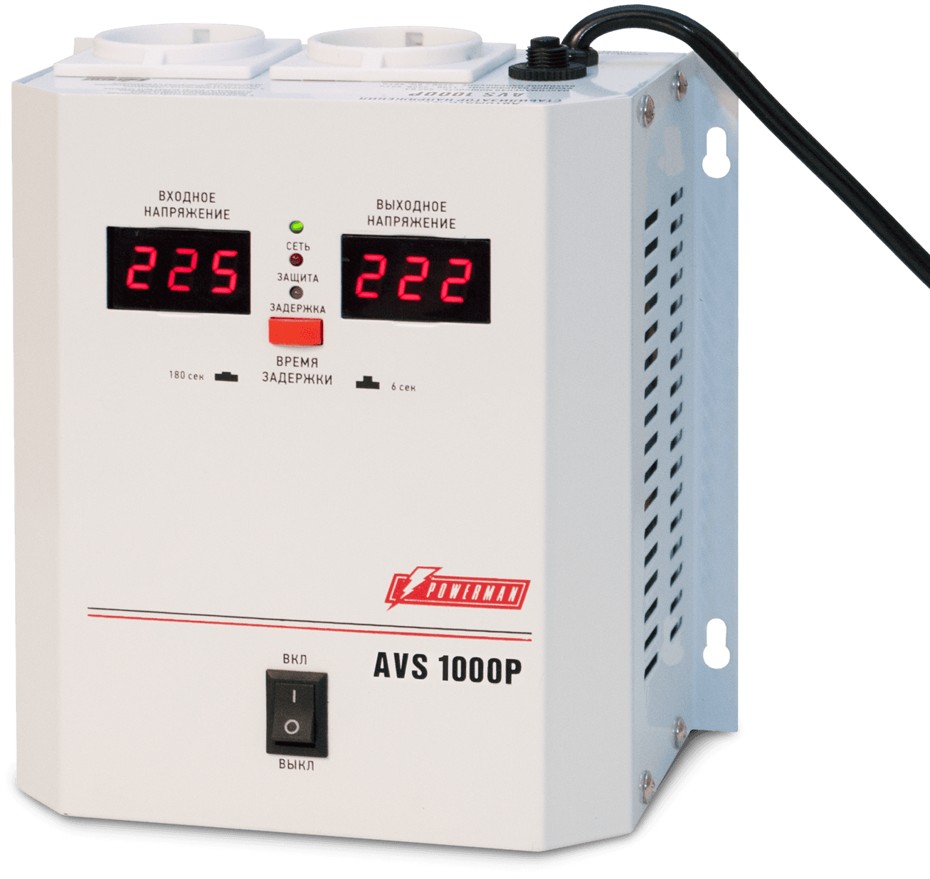 Стабилизатор POWERMAN AVS 1000P, ступенчатый регулятор, цифровые индикаторы уровней напряжения, 1000ВА, 110-260В, максимальный входной ток 7А, 2 евророзетки, IP-20, навесной, 185мм х 170мм х 100мм, 3.5 кг./ Stabilizer POWERMAN AVS 1000P, step-type regulator, digital indicators of voltage levels, 1000VA, 110-260V, maximum input current 7A, 2 eurosockets, IP-20, hinged, 185mm x 170mm x 100mm, 3.5 kg.