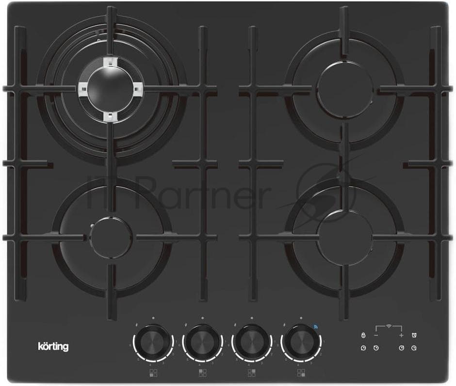 Встраиваемая варочная панель KORTING HGG 6447 ICPTN, газовая, 60 см, 4 конфорки, WOK, газ-контроль, электроподжиг, конфорки SABAF, функция управления вытяжкой (KHI 6099 ICGN, KHI 9099 ICGN), электронный таймер с цифровой индикацией, индикация интенсивности нагрева, адаптер под сжиженныый газ, цвет черное стекло