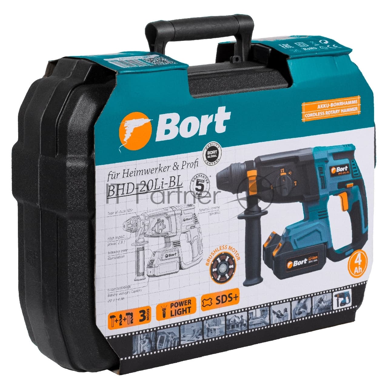 Перфоратор аккумуляторный Bort BHD-20Li-BL (2x4,0А.ч) (93412697) Напряжение аккумуляторной батареи 20 В; Двигатель Бесщеточный двигатель; Энергоемкость аккумуляторной батареи 4 А·ч; Тип аккумуляторной батареи Li-Ion; Скорость холостого хода ...1200 об/мин; "сверление"; "сверление + удар"; "долбление"; Тип патрона SDS+; Энергия удара 2,8 Дж; Частота ударов ...5300 уд/мин; Время зарядки аккумуляторной батареи 1 ч; Диаметр сверления: дерево 30 мм; Диаметр сверления: бетон 26 мм; Диаметр сверления: металл 13 мм; подсветка рабочей зоны; индикатор зарядки; реверс; Вес изделия 3,4 кг; Вес брутто=6,5 (Вес нетто=4,7) кг; 45 x 35,5 x 14,2; набор аксессуаров 5 шт; Бесщеточный мотор, 3 режима работы (сверление, удар+сверление, удар) увеличивают функциональность., Моментальная остановка, Индикатор заряженности аккумулятора; гарантия 2 г