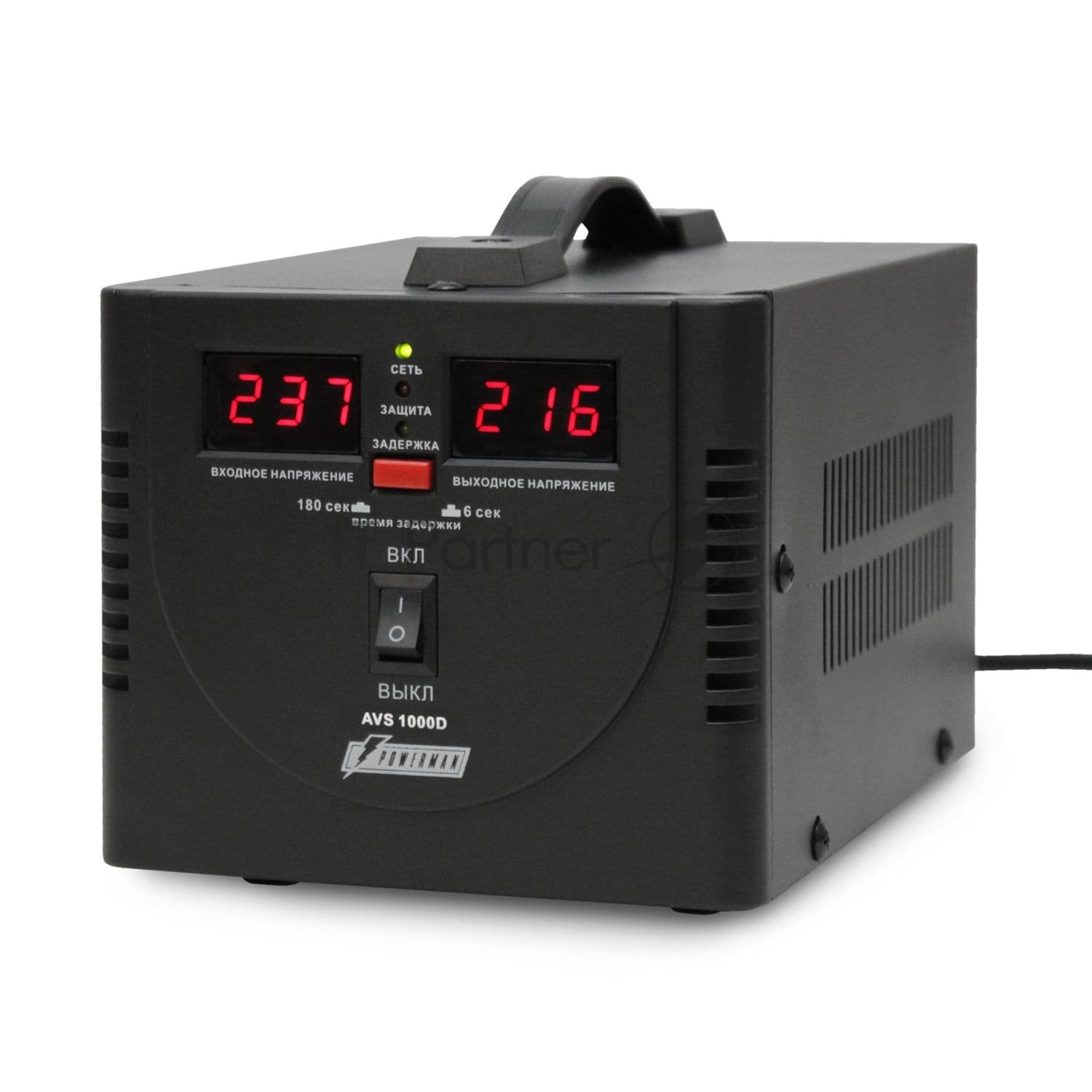 Стабилизатор напряжения Powerman AVS 1000D черный (220В±8% 1000ВА,8А,КПД 98%, циф. индикация вх./вых.)