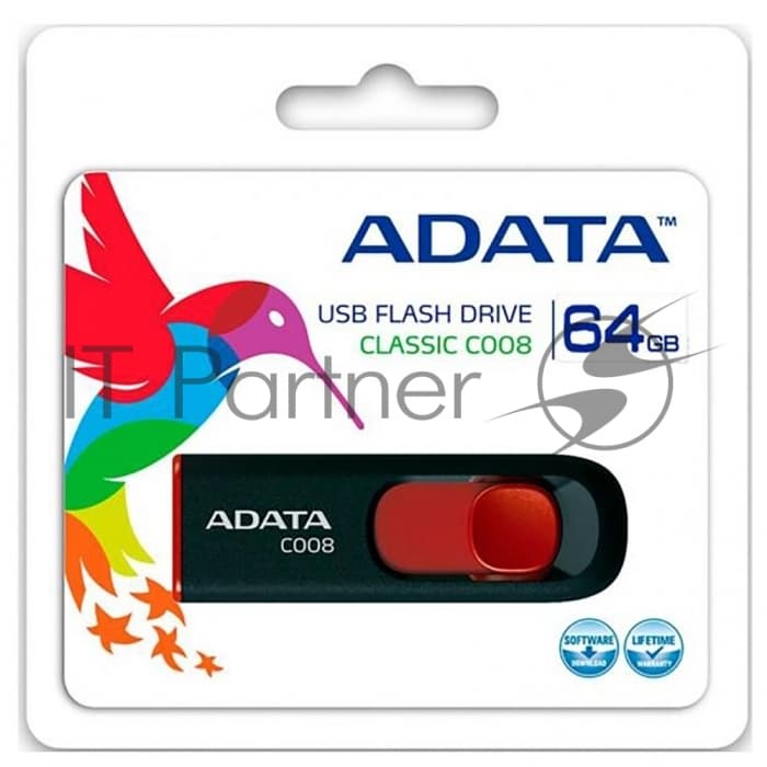 Флэш-диск USB 2.0 64Gb A-Data C008 <AC008-64G-RKD> Black&Red
