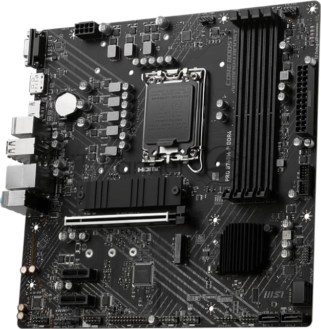 Материнская плата MSI PRO B760M-P DDR4, LGA 1700, Intel B760, 4xDDR4, 4xSATA, 2xM.2, 1xPCIe 4.0 x16, 2xPCIe 3.0 x1, 1xHDMI, 1xDP, 1xVGA, 1x1Gb LAN, 4xUSB-A 2.0, 1xUSB-A 3.2 Gen 1, 1xUSB-C 3.2 Gen 2, 3x3.5 мм, 7.1, mATX