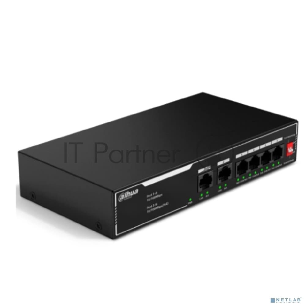 Коммутатор Dahua 6-port 10/100M RJ45 4-port PoE Switch, 36W, Metal case
