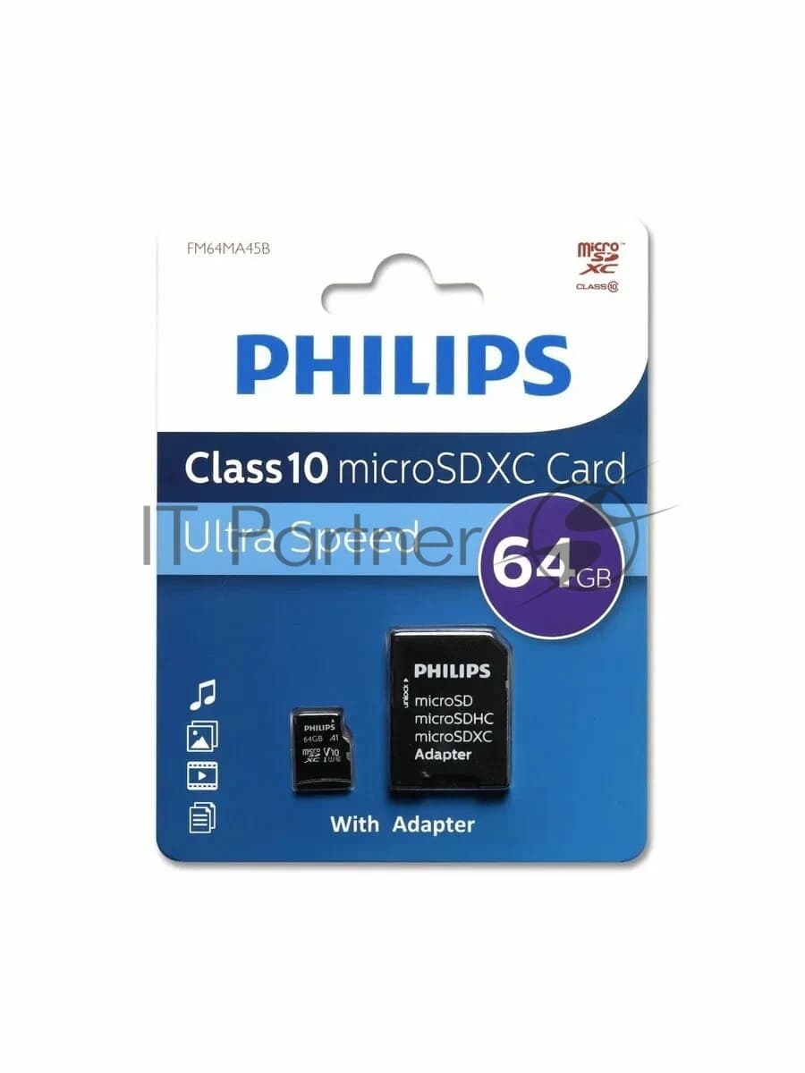 Флеш карта microSD 64Gb PHILIPS microSDHC Class 10 (SD адаптер)