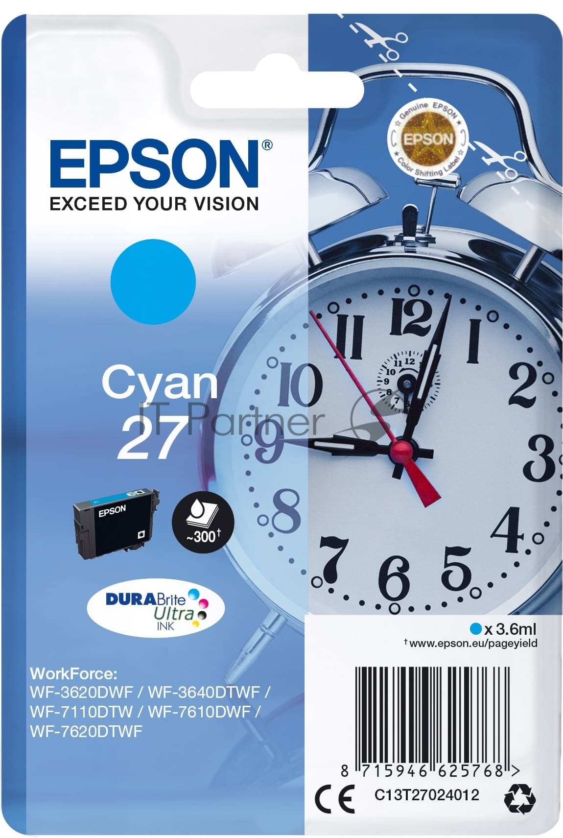Картридж струйный Epson T2702 (C13T27024022/C13T27024020) голубой, 300 стр., для WF7110/7610/7620
