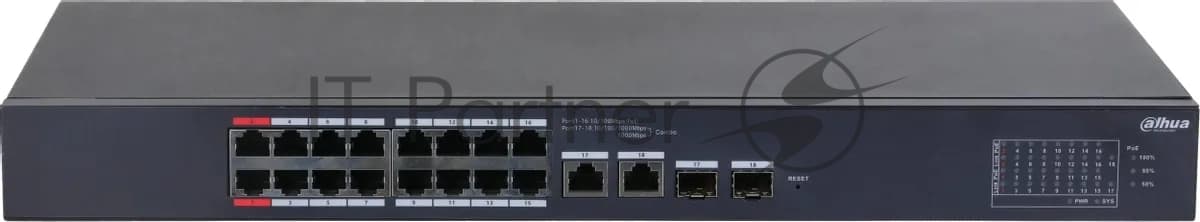 Коммутатор Dahua DH-CS4218-16ET-190 (L2) 16x100 Мбит/с 2x1 Гбит/с 2xКомбо(1000BASE-T/SFP) 2SFP 16PoE 190W управляемый