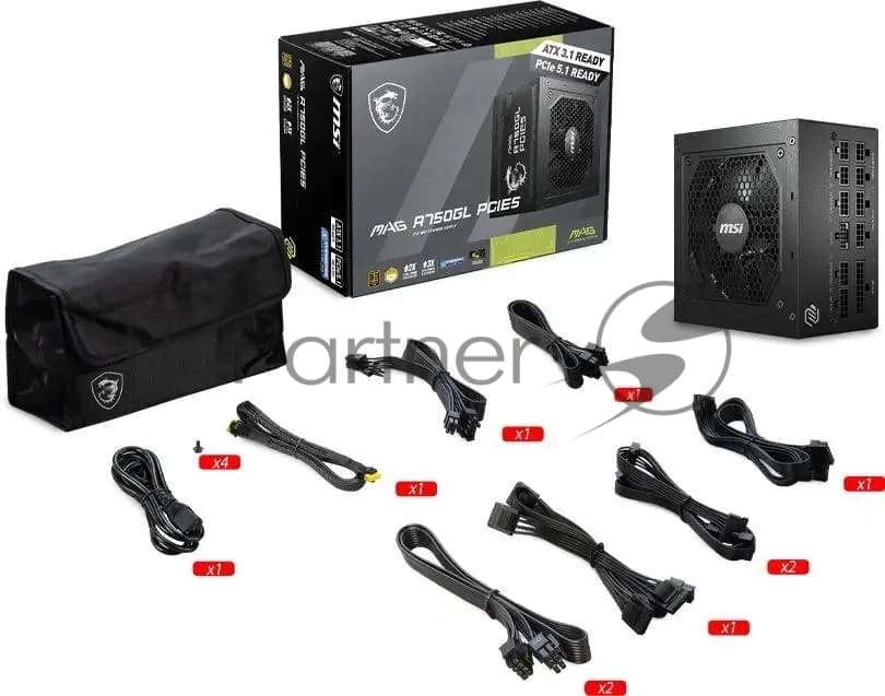 Блок питания ПК MSI MAG A750GL PCIE5 EU, 750W, Fully-Modular, 80 Plus Gold, Color Box, Pallet packing,7Y Warranty, ATX 3.1, PCIE5.1