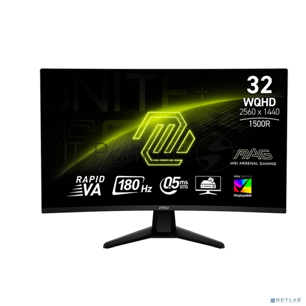 Монитор 31.5" MSI 32CQ6F VA 2560x1440, 180 Гц, 0.5 мс, 16:9, 400 кд/м², HDMI 2.0, DP 1.4, USB-C, 3.5 Jack, HDR10, Adaptive-Sync, изогнутый экран (1500R), черный